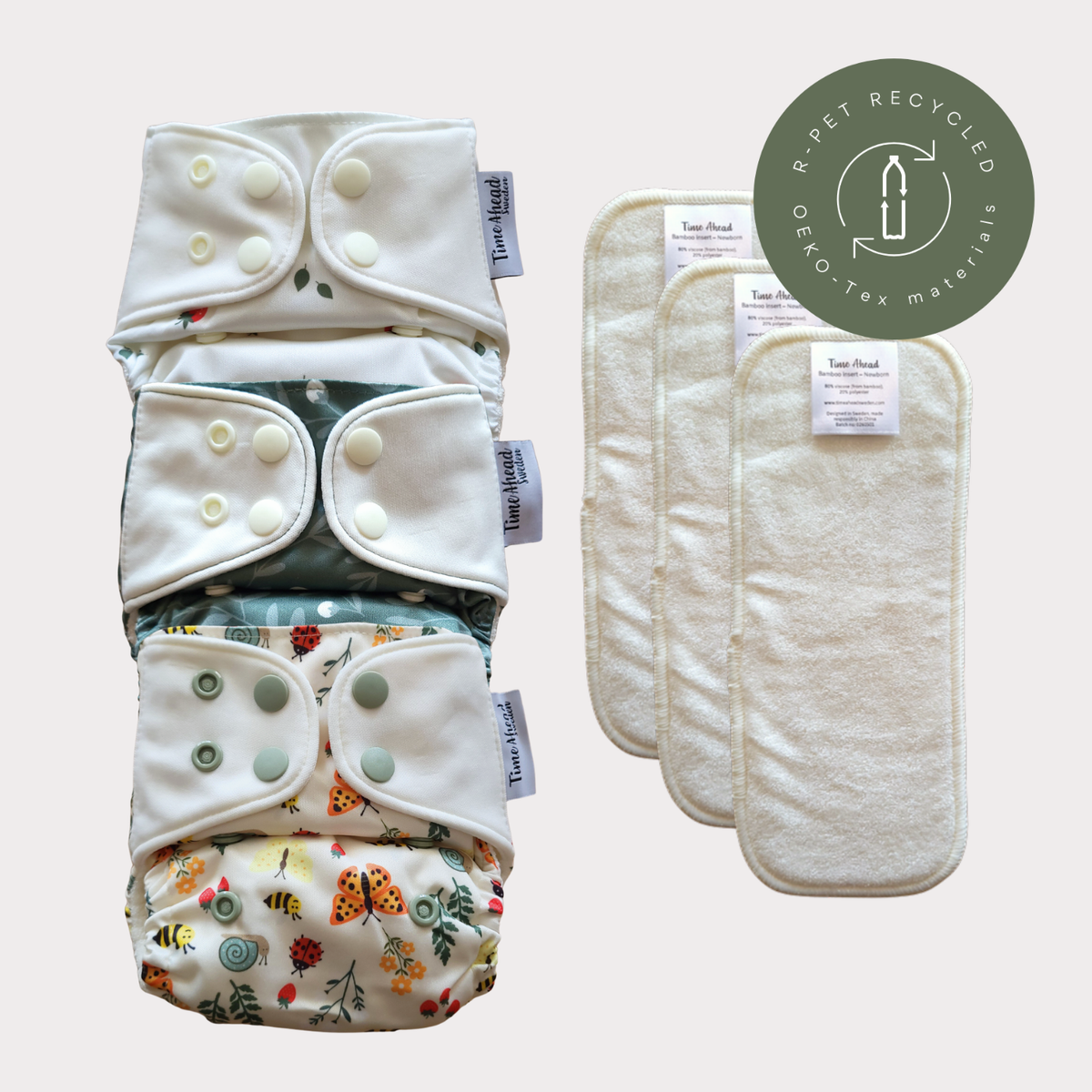 Time Ahead Sweden - Startpakke stofble nyfødt | Alt-i-et 2-6 kg: Med tilbehør / Skovjordbær | Humleblomster grøn | Engvinge